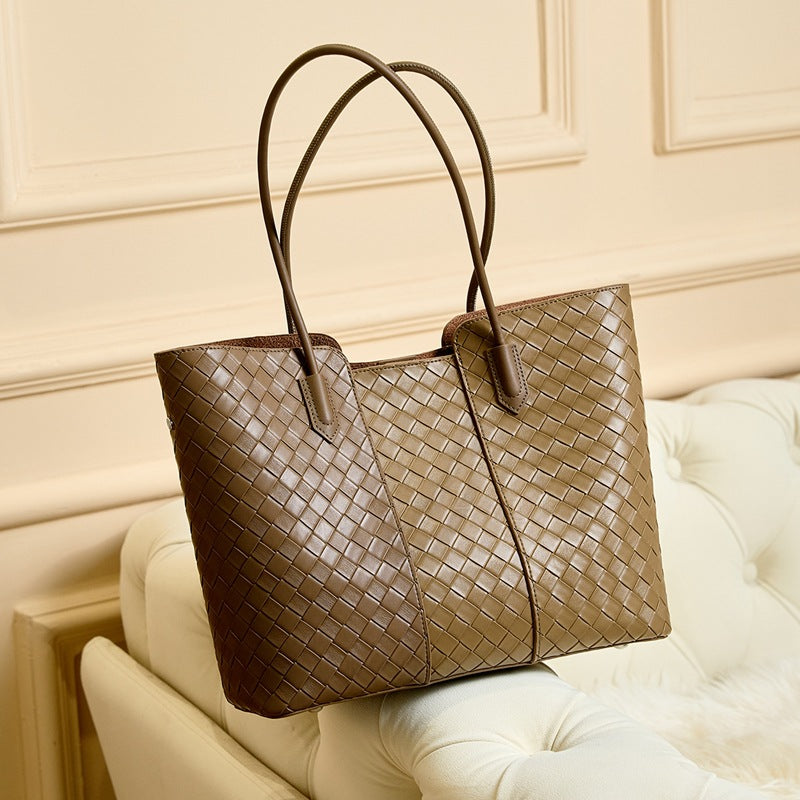 Underarm Commute Woven Tote in Genuine Leather, Large Capacity Shoulder Top Handle Purse, Premium Fashionable Bag for Women