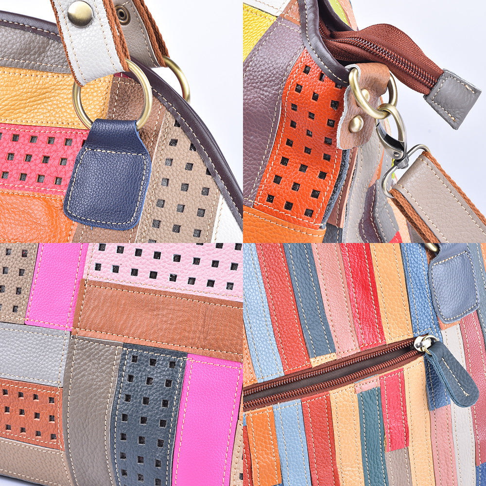 New Color Block Patchwork Genuine Cowhide Tote, Unique Design Large Capacity Shoulder Crossbody Top Handle Purse, Stylish Handbag for Women