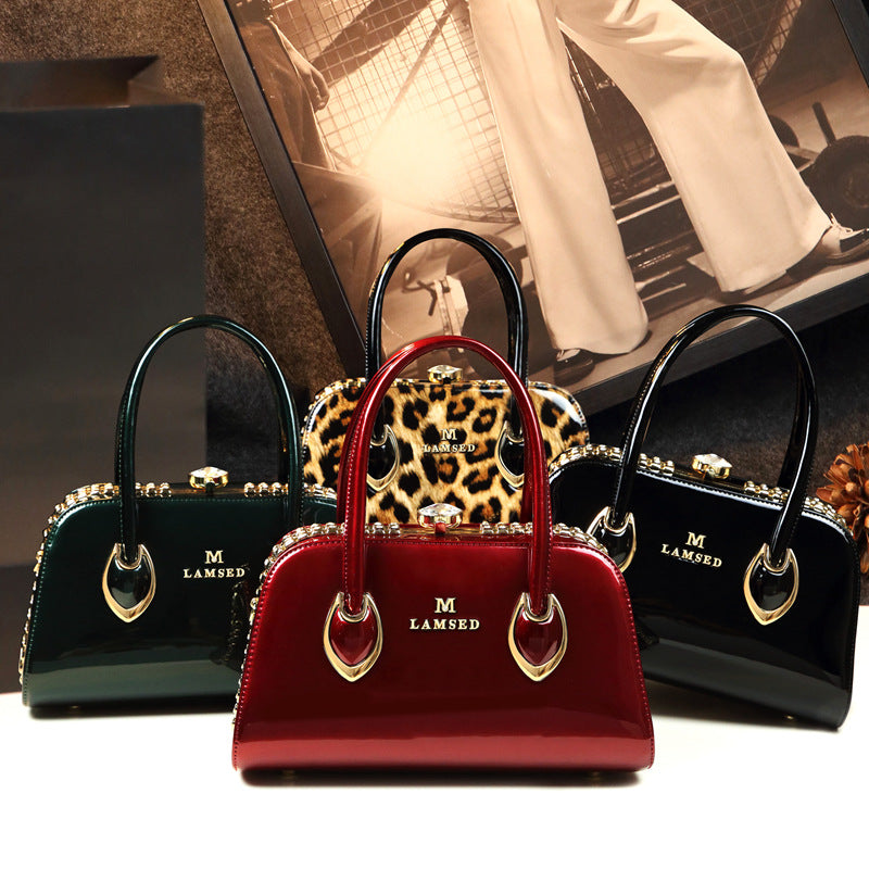 Women's Patent Leather Handbag Shiny Shoulder Crossbody Bag for Middle-Aged Ladies Fashion Mom Purse Light Luxury Top Handle Clasp Bag