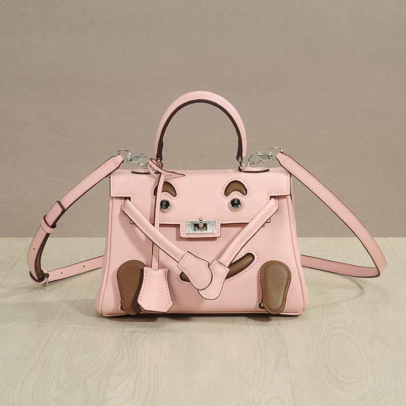 Genuine Top Layer Cowhide Smiley Face Bag for Women, Cute Mini Millennium Doll Crossbody Purse, Playful Kelly-Style Handbag with Premium Quality for Ladies