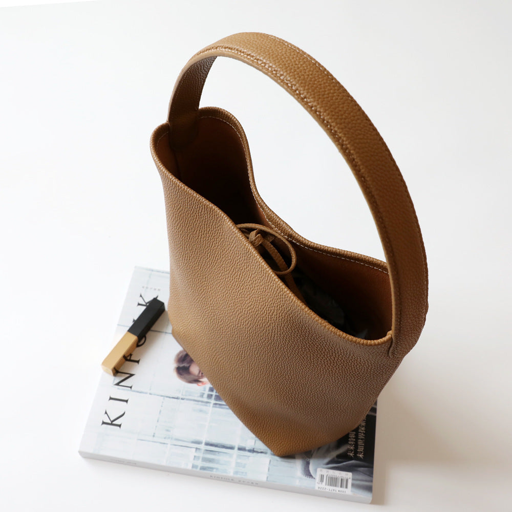 Cowhide Bucket Tote Bag for Women Minimalist Slouchy Shoulder Handbag, Large Capacity Genuine Leather Purse with Versatile Everyday Style