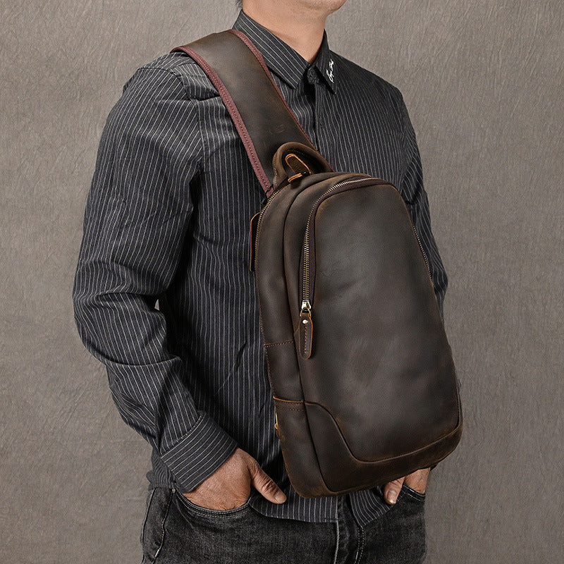 Large Capacity Crazy Horse Leather Chest Bag with USB Port, Casual Crossbody Shoulder Pouch, Commute Leisure Bag for Men