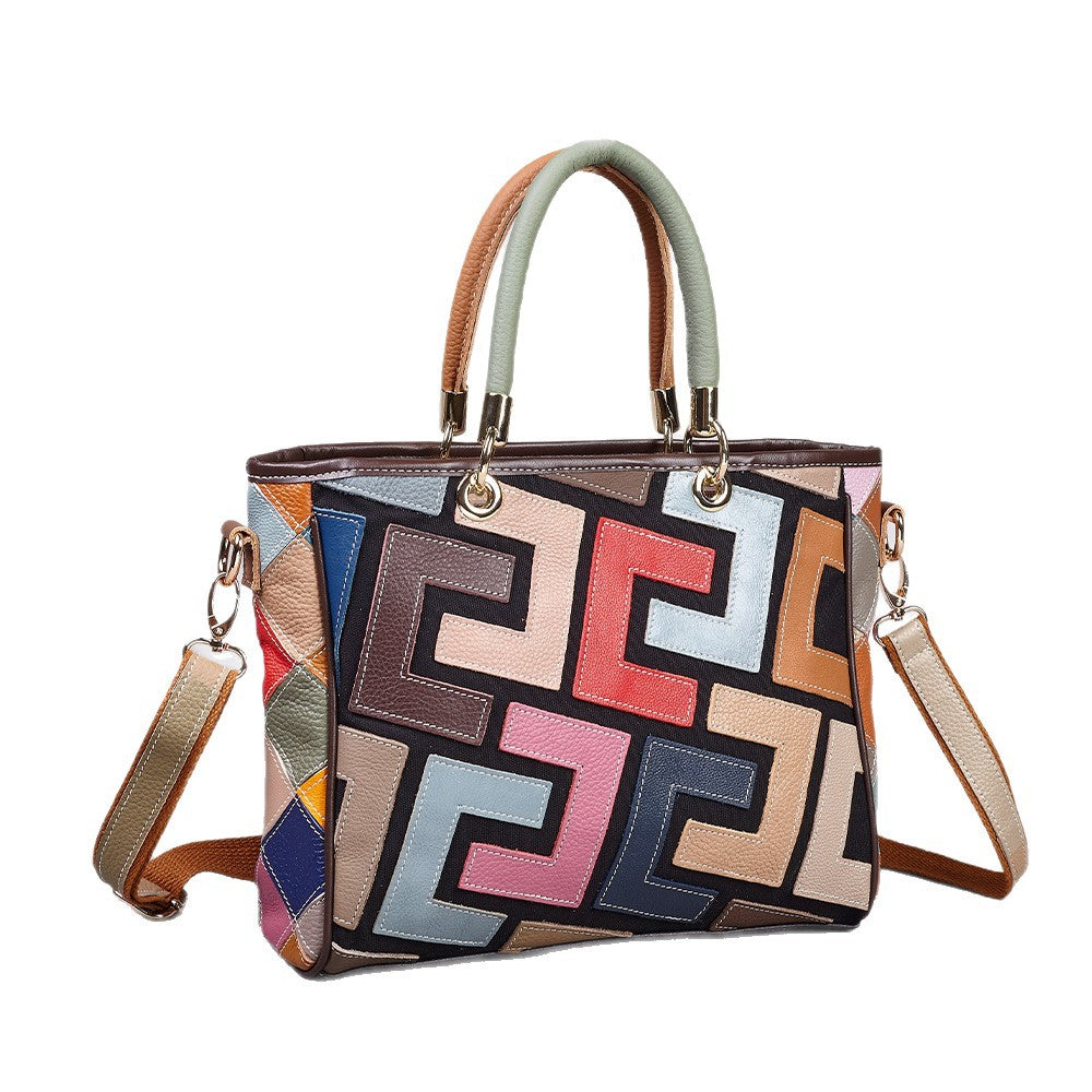 Colorful Patchwork Ethnic Style Genuine Leather Bag, Wholesale Trendy Shoulder Crossbody Top Handle Purse, Versatile Handbag for Women