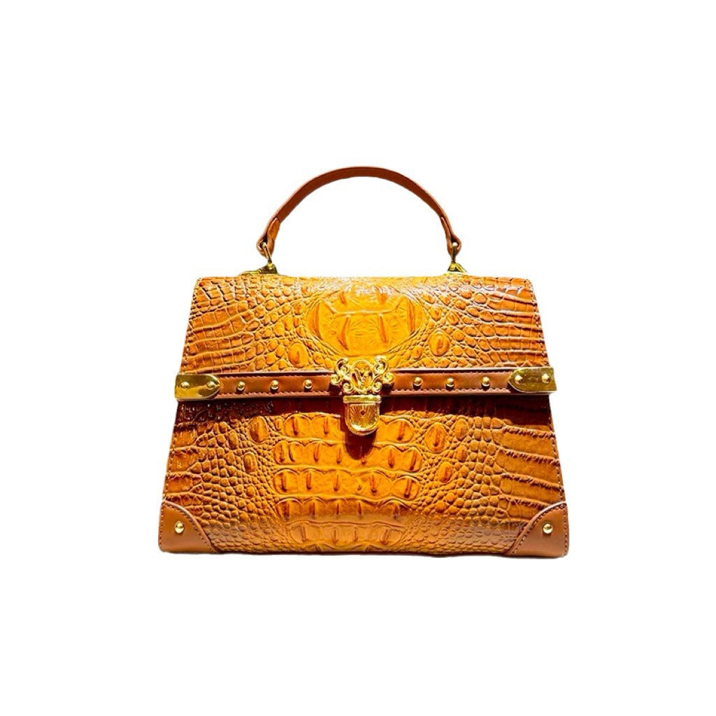 Genuine Leather Crocodile-Embossed Lock Buckle Handbag for Women, New Fashionable Versatile Shoulder Crossbody Purse, Trendy Bag for Ladies
