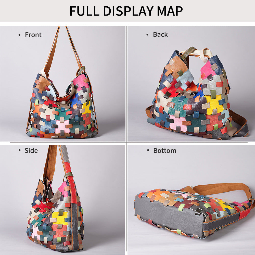 Premium Handcrafted Color-Block Leather Basket Bag for Women | Genuine Leather 2-in-1 Convertible Shoulder Backpack with Vibrant Multi-Color Patchwork | Trendy Casual Everyday Purse for Travel, Shopping & Errands | Unique Artistic Handbag with Versat