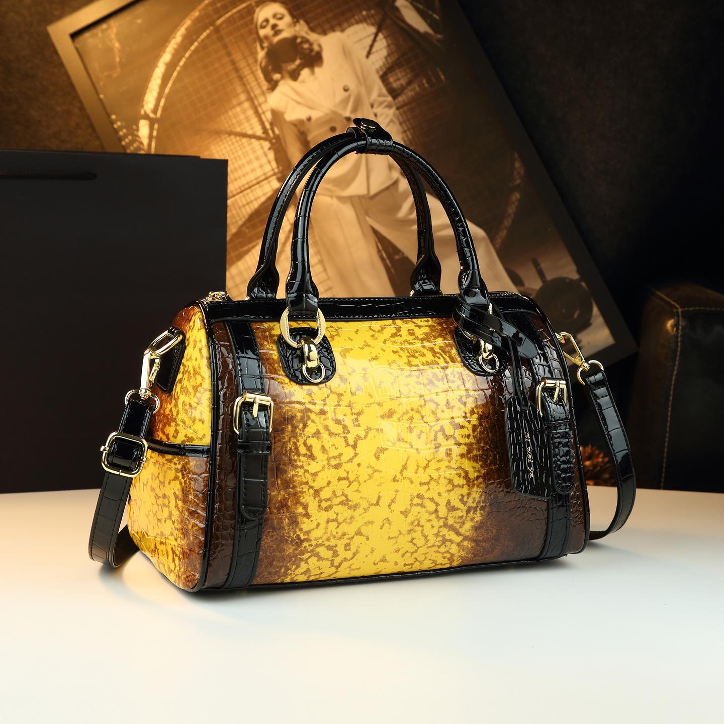 New Arrival Croc-Effect Genuine Leather Boston Pillow Bag for Women, A Large Capacity Top-Handle Handbag with Fashionable Design, Perfect for Moms