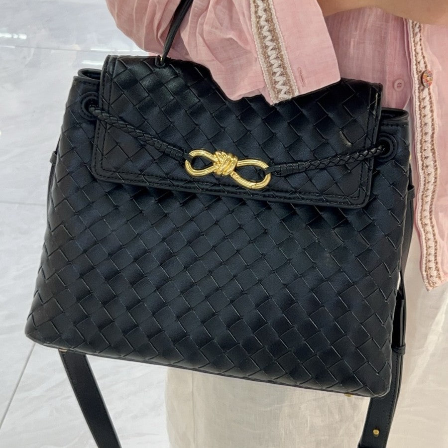 Genuine Leather Woven Tote with Butterfly Gold Buckle Flap, Large Commuter Shoulder & Crossbody Bag for Women