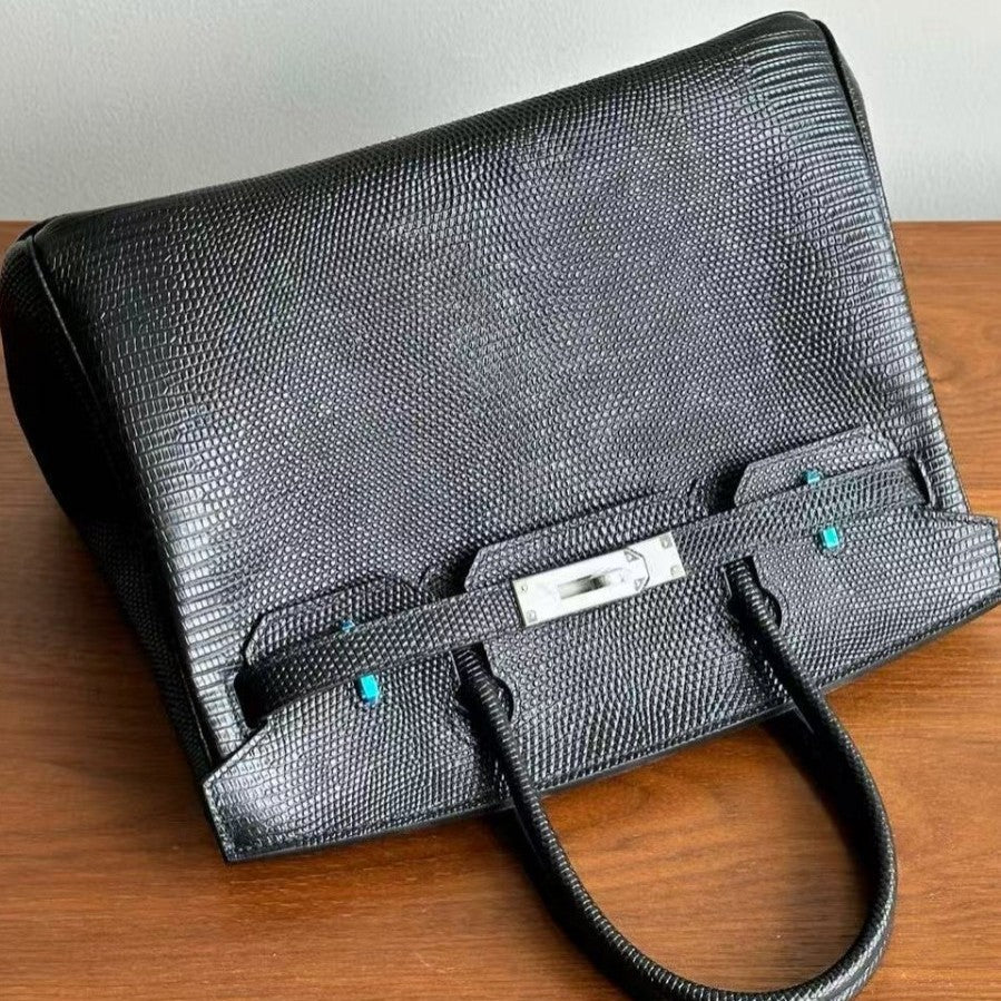 Genuine Top Layer Cowhide Lizard-Embossed Birkin 30cm Bag for Women, Hermès-Style Lock Clasp Top Handle Purse, Premium Leather Handbag for Ladies