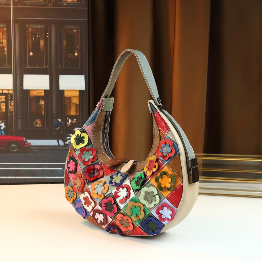 New Arrival Handmade Floral Genuine Leather Bag for Women, A Colorful Flower Patchwork Shoulder Crossbody Top-Handle Handbag with Unique Design