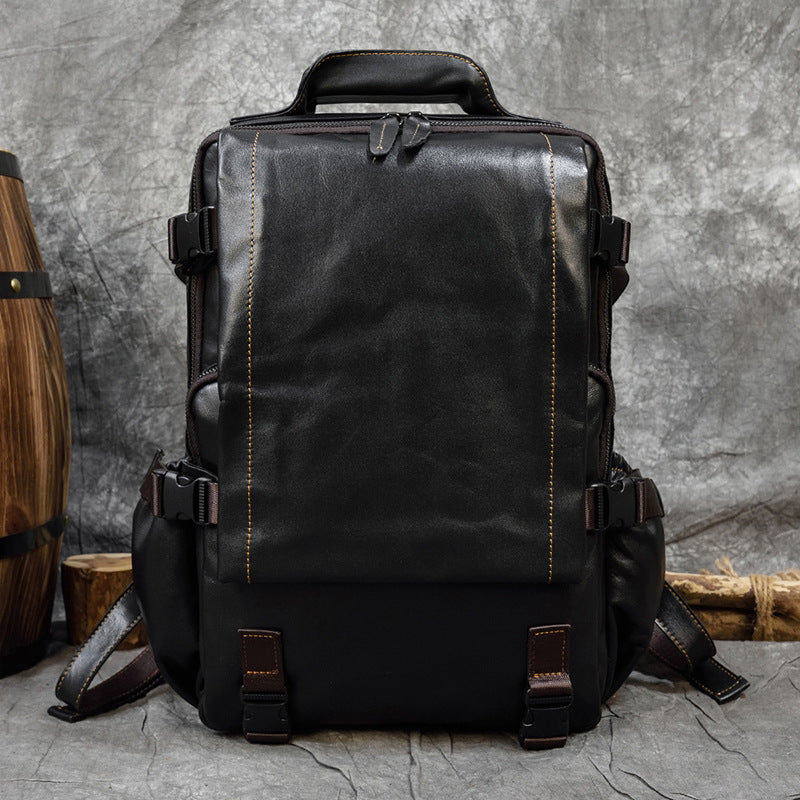 Genuine Oil Leather 14-Inch Laptop Backpack for Men and Women, Commute Travel Daypack, Premium Cowhide Rucksack for Ladies and Gentlemen