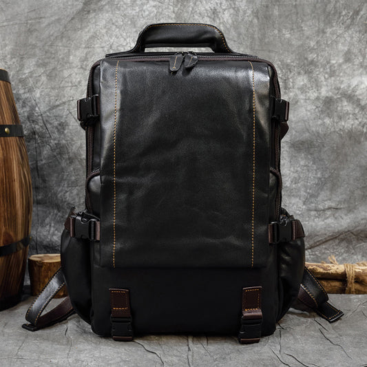 Genuine Oil Leather 14-Inch Laptop Backpack for Men and Women, Commute Travel Daypack, Premium Cowhide Rucksack for Ladies and Gentlemen