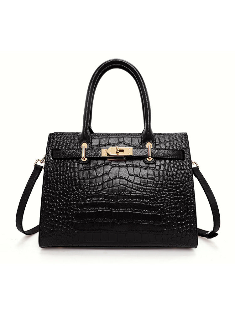 Genuine Leather Crocodile-Embossed Handbag for Women, Lock Buckle Commute Large Capacity Shoulder Crossbody Purse, Versatile Bag for Ladies