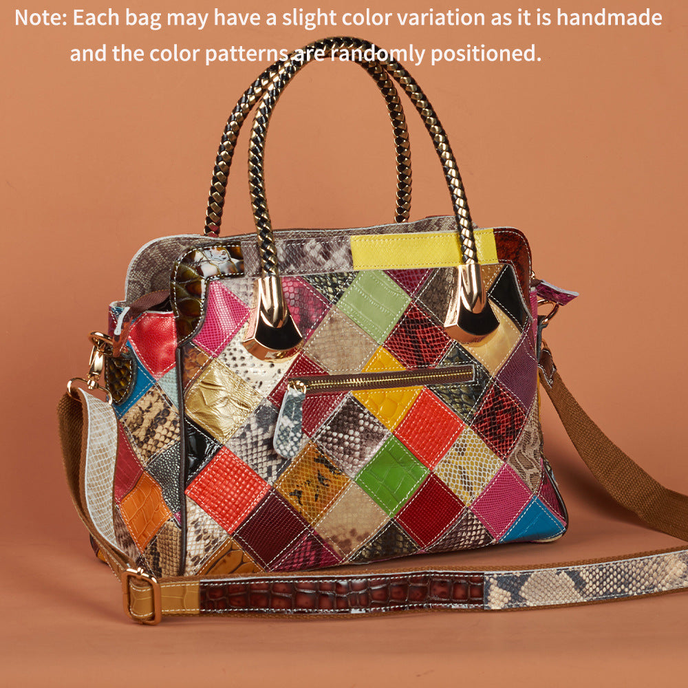 Genuine Leather Vintage Handmade Color Block Plaid Snakeskin Handbag for Women, Top Handle Crossbody Purse, Unique Retro Designer Bag for Ladies