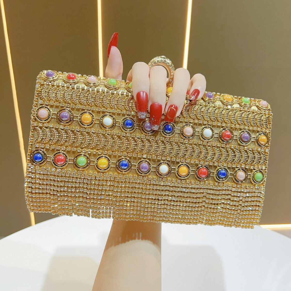 Women's Rhinestone Tassel Evening Clutch, Sparkly Crystal Banquet Bag for Formal Dress Party, Light Luxury Glamorous Purse
