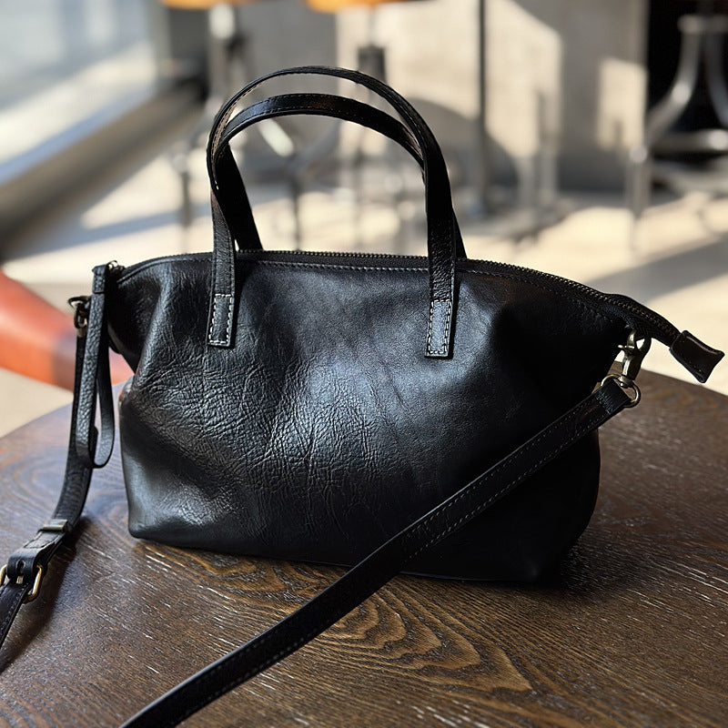 Genuine Top Layer Cowhide Dumpling Bag for Women, Exquisite Shoulder Crossbody Purse, Vegetable-Tanned Pleated Top Handle Handbag, Chic Everyday Bag for Ladies