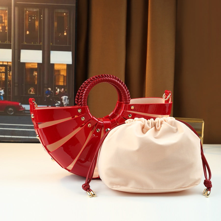 Fan-Shaped Shell Bag for Women Hollow Woven Sub-Bag Handbag, Trendy Shoulder Crossbody Purse with Unique Floral-Inspired Design