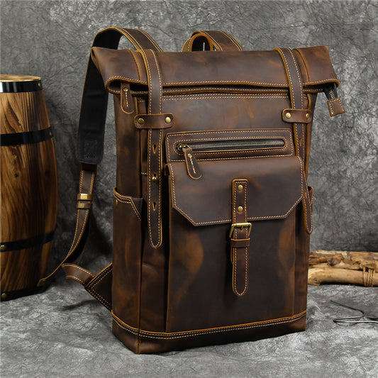 Vintage Crazy Horse Leather 16-Inch Laptop Backpack, Large Capacity Student School Travel Daypack, Durable Genuine Leather Bag for Men