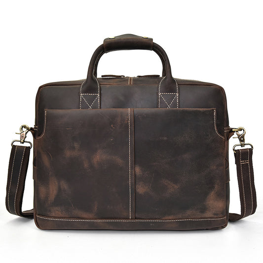 16-Inch Vintage Crazy Horse Leather Laptop Briefcase, Top Handle Crossbody Commute Bag, Premium Cowhide Computer Bag for Men