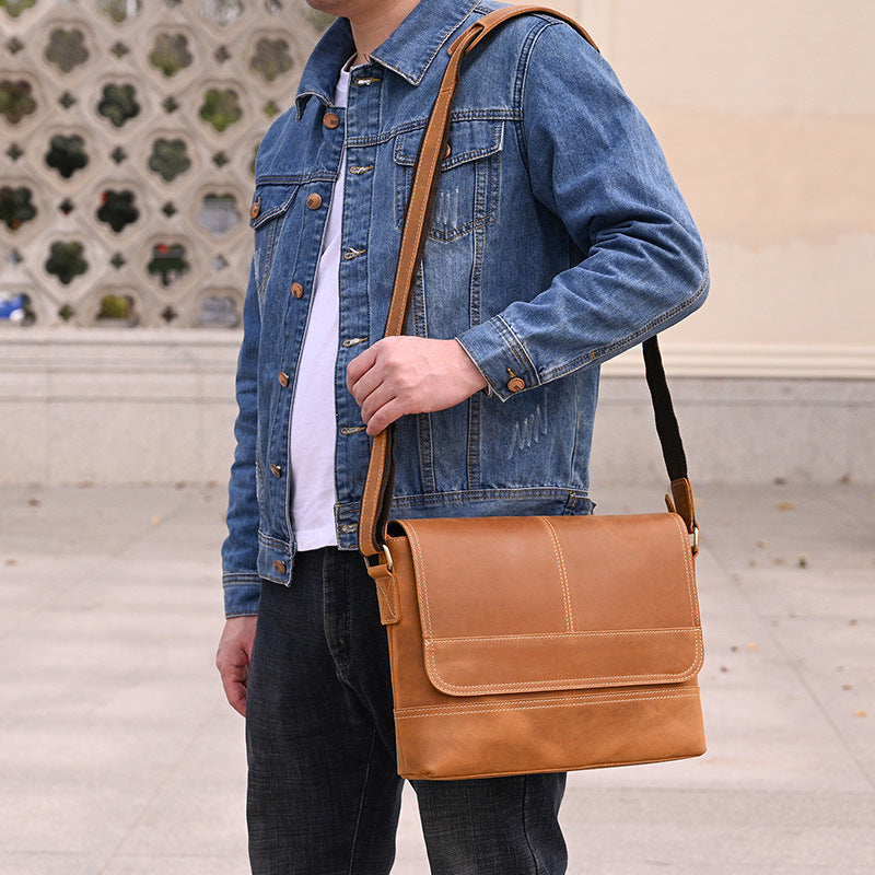 Genuine Crazy Horse Leather Laptop Crossbody Bag for Men, Vintage Fashionable Shoulder Bag, Top Layer Cowhide Casual Work Bag for Gentlemen