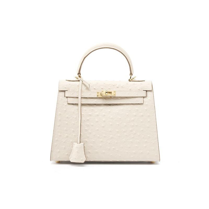 Women's Genuine Leather Handbag Shoulder Bag Top Layer Cowhide Kelly Style Crossbody Purse with Ostrich Embossed Texture