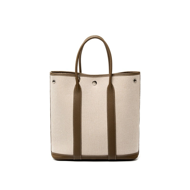 Canvas & Leather Garden Bag in Top Layer Cowhide, Premium Large Capacity Top Handle Purse, Perfect Notebook Handbag for Women