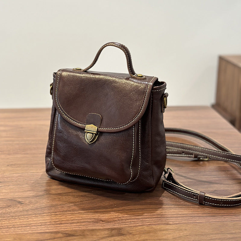 Genuine Top Layer Vegetable-Tanned Cowhide Backpack for Women, Fall Winter Small Shoulder Crossbody 2-in-1 Purse, Versatile Everyday Daypack for Ladies