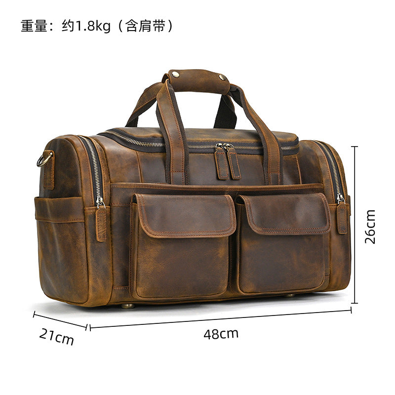 Large Capacity Crazy Horse Leather Travel Duffle, Top Handle Crossbody Business Bag, Premium Cowhide Luggage for Men