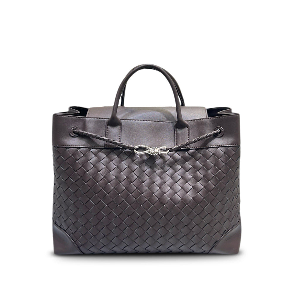 Cowhide Woven Large Tote with Silver Butterfly Buckle, Unisex Shoulder & Crossbody Bag