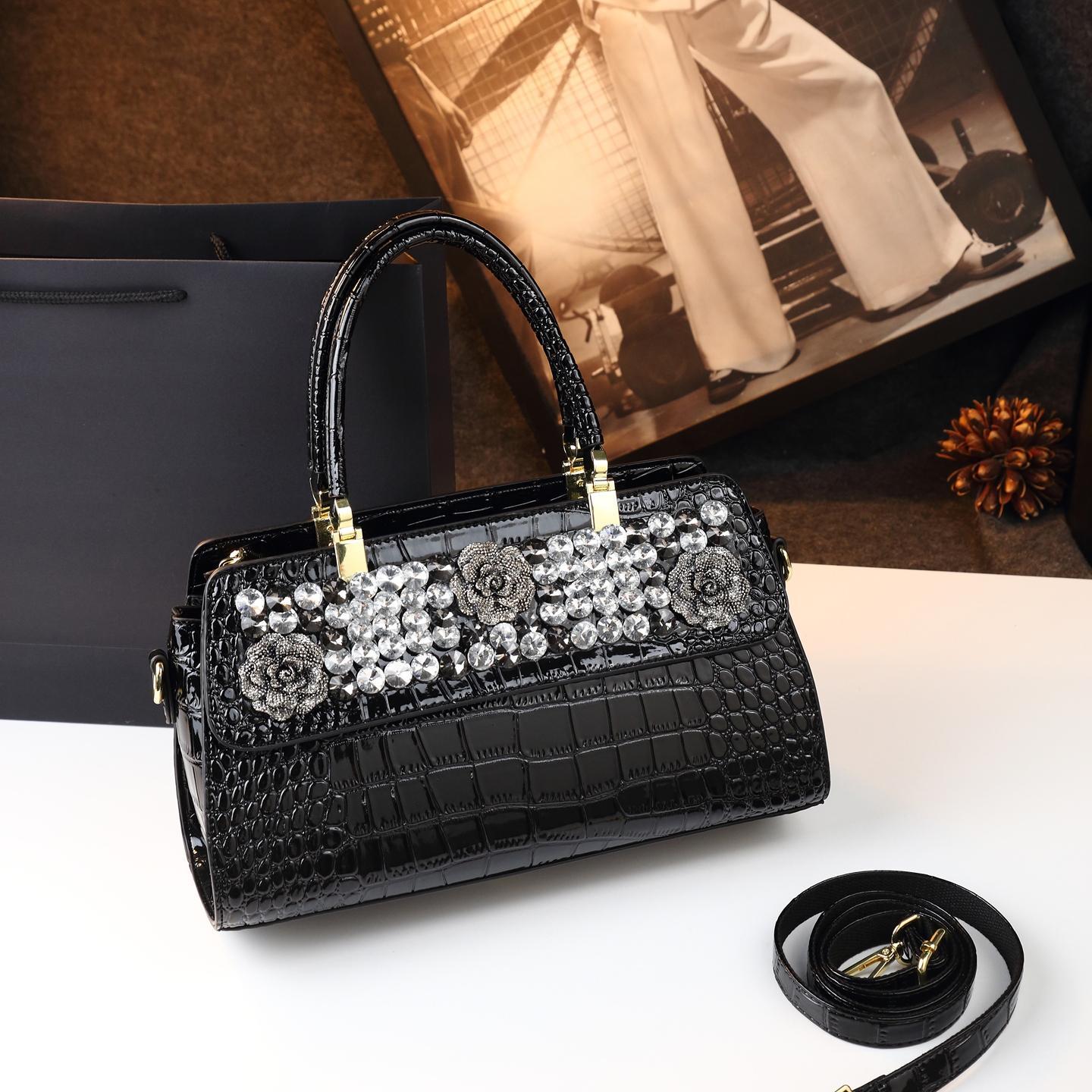 New Arrival 2026 Rhinestone-Embellished Croc-Effect Mom Bag for Women, An Elegant Large Capacity Shoulder Crossbody Top-Handle Handbag with Premium Design
