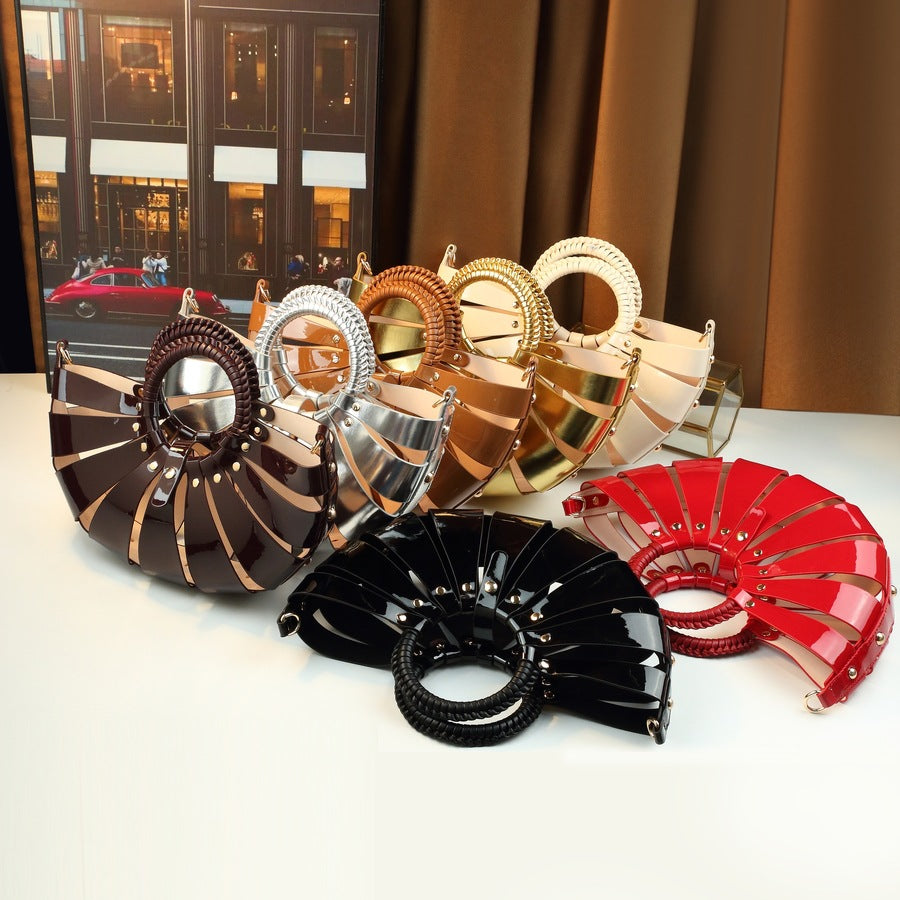 Fan-Shaped Shell Bag for Women Hollow Woven Sub-Bag Handbag, Trendy Shoulder Crossbody Purse with Unique Floral-Inspired Design