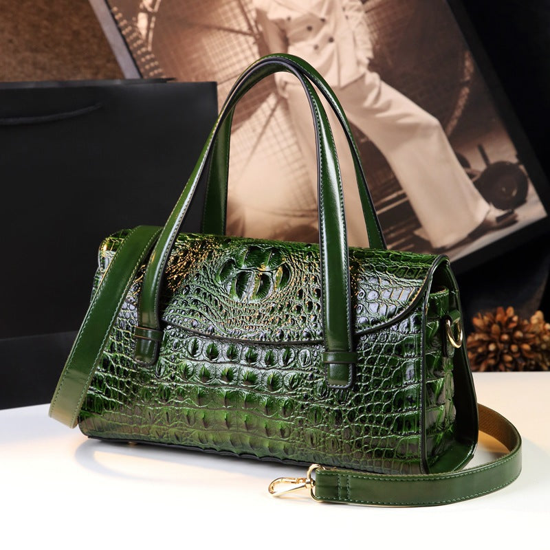 New Arrival Croc-Effect Genuine Leather Boston Pillow Bag for Women, A Fashionable Shoulder Crossbody Top-Handle Handbag Perfect for Moms