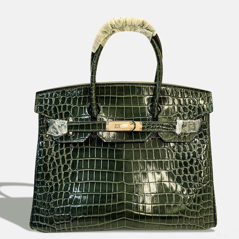 New Birkin Style Large Tote Bag for Women High Gloss Crocodile Embossed Genuine Leather Shoulder Handbag Crossbody Purse