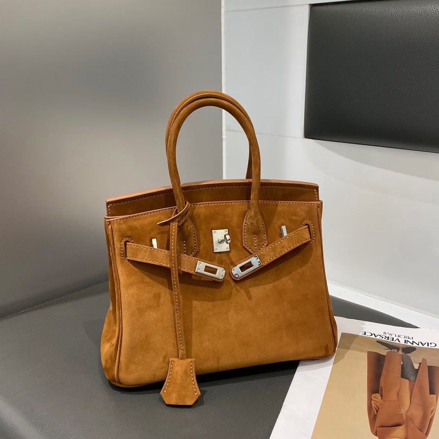 Genuine Cowhide Suede Birkin-Style Handbag for Women, New Premium Shoulder Top Handle Purse, Maillard Style Fashionable Chic Bag for Ladies