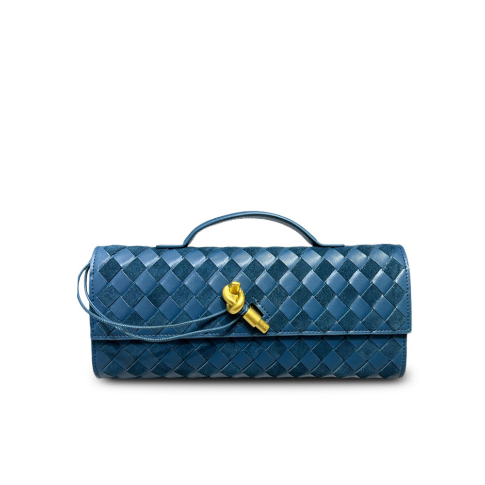 Matte leather spliced woven clutch, vintage metal latch evening bag, fashionable baguette bag for women
