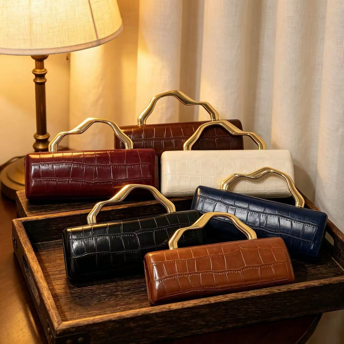 PU Crocodile-Embossed Evening Clutch for Women, New Irregular Top Handle Shoulder Crossbody Bag, Light Luxury Unique Gown Purse for Ladies