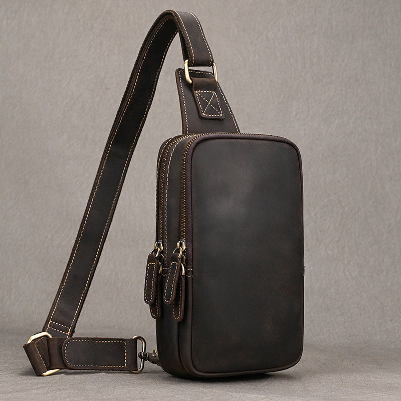 Lightweight Crazy Horse Leather Chest Bag, Casual Crossbody Shoulder Pouch, Cowhide Bag Fits iPad for Men