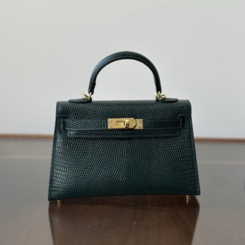 Genuine Leather Lizard-Embossed 2nd Gen Kelly-Style 19cm Bag for Women, Small Square Crossbody Shoulder Top Handle Purse, Trendy Handbag for Ladies