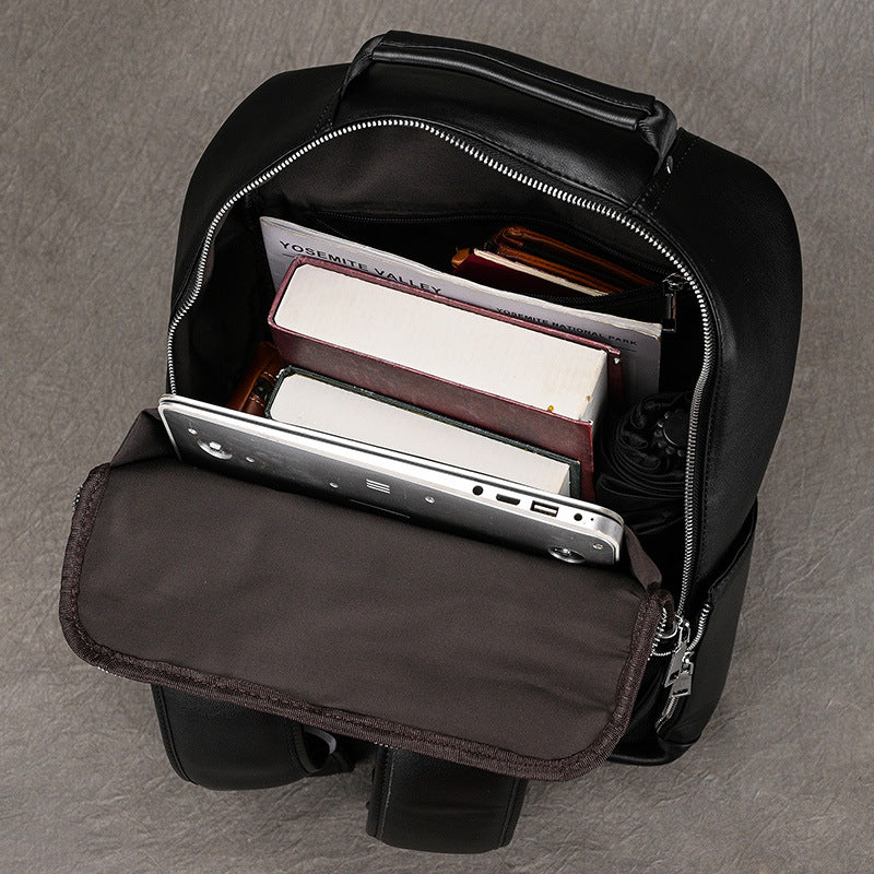 Black Genuine Leather 15-Inch Laptop Backpack with USB Port, Business Commute Daypack, Premium Cowhide School Travel Bag for Men
