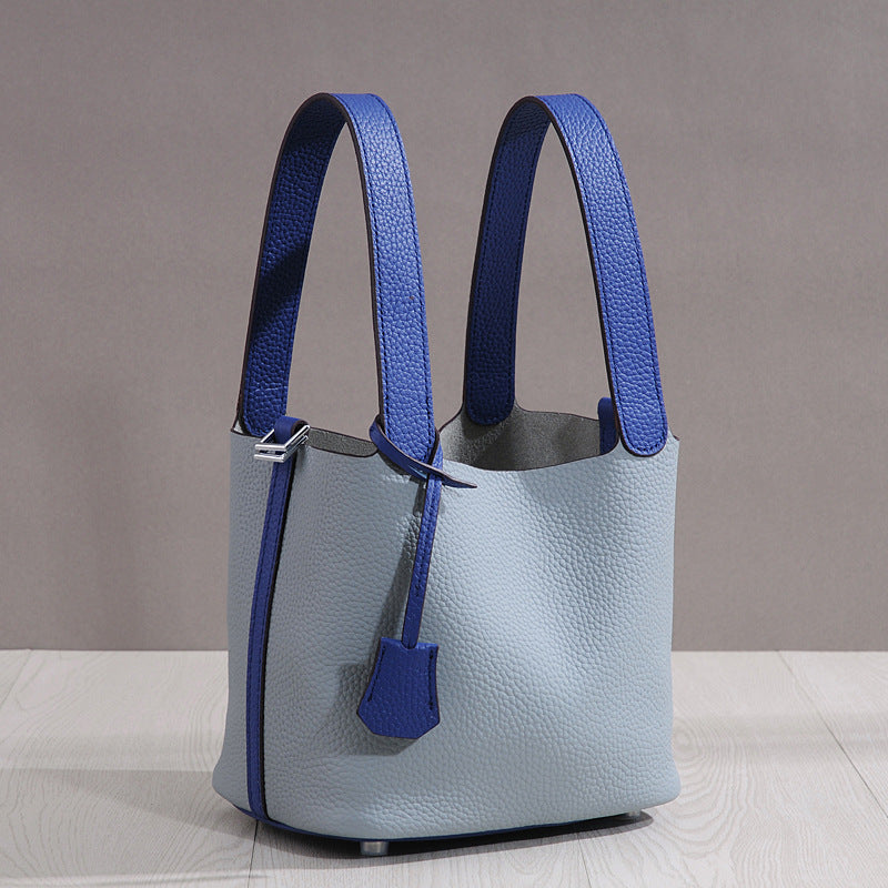 Genuine Top Layer Pebbled Cowhide Leather Bucket Bag for Women, New Fashionable Basket Mini Top Handle Handbag, Trendy Casual Purse for Ladies