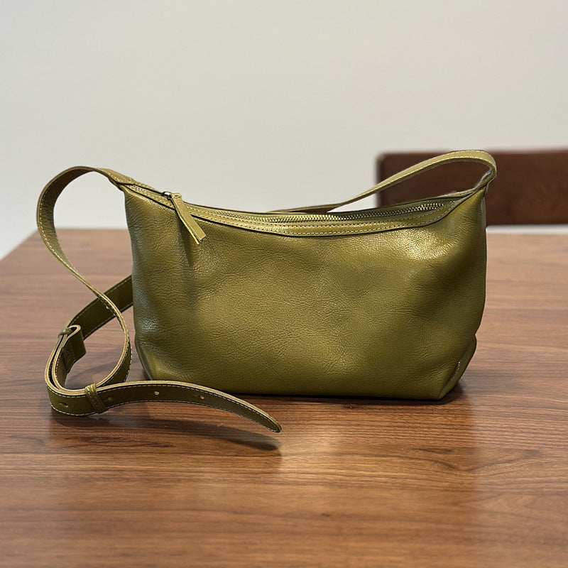 Vegetable-Tanned Soft Cowhide Crossbody Bag for Women, Vintage Pleated Shoulder Purse, Casual Small Leather Handbag for Ladies