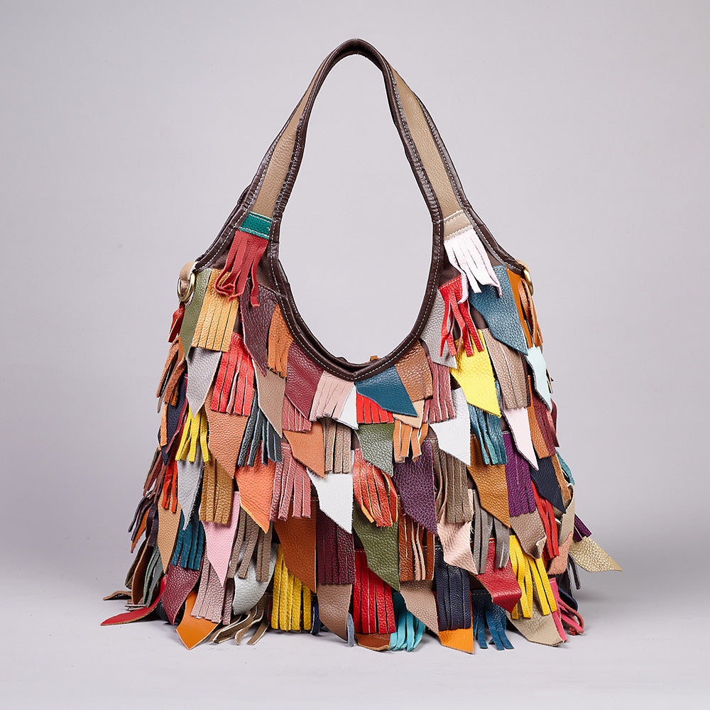 Premium Top-Layer Cowhide Leather Forest-Style Bag for Women | Colorful Tassel Color-Block Shoulder Cross-Body Handbag with Unique Artistic Flair | Trendy Bohemian Purse for Everyday Chic, Travel & Casual Outings | Statement Accessory with Vibrant Fr