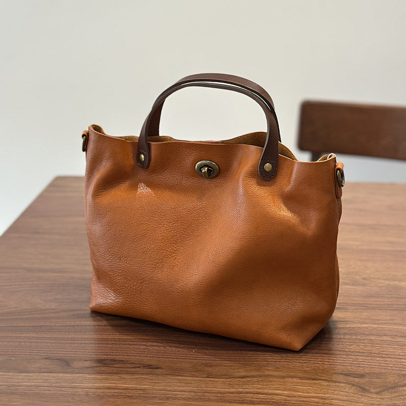 Genuine Vegetable-Tanned Cowhide Bag for Women, New Spring Summer Top Handle Shoulder Crossbody Purse, Vintage Lock Buckle Handbag for Ladies