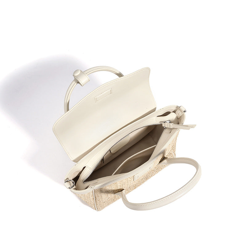 New Spring Summer Light Luxury Woven Cowhide Bag, Niche Designer Minimalist Crossbody Shoulder Top Handle Purse, Premium Handbag for Women
