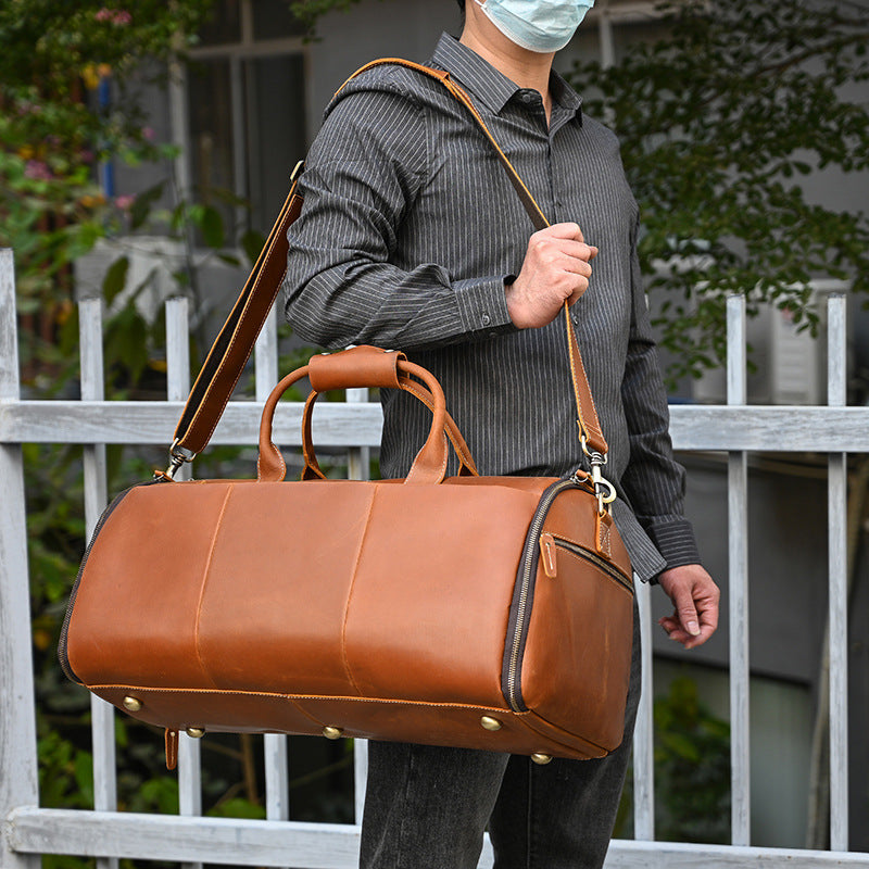20-Inch Crazy Horse Leather Suit Garment Duffle Bag, Large Capacity Travel Weekender, Shoulder Crossbody Luggage for Men