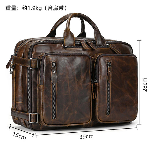 15-Inch Vintage Cowhide Business Briefcase Backpack, Multifunctional Commute Laptop Bag, Premium Genuine Leather Work Bag 7408 for Men