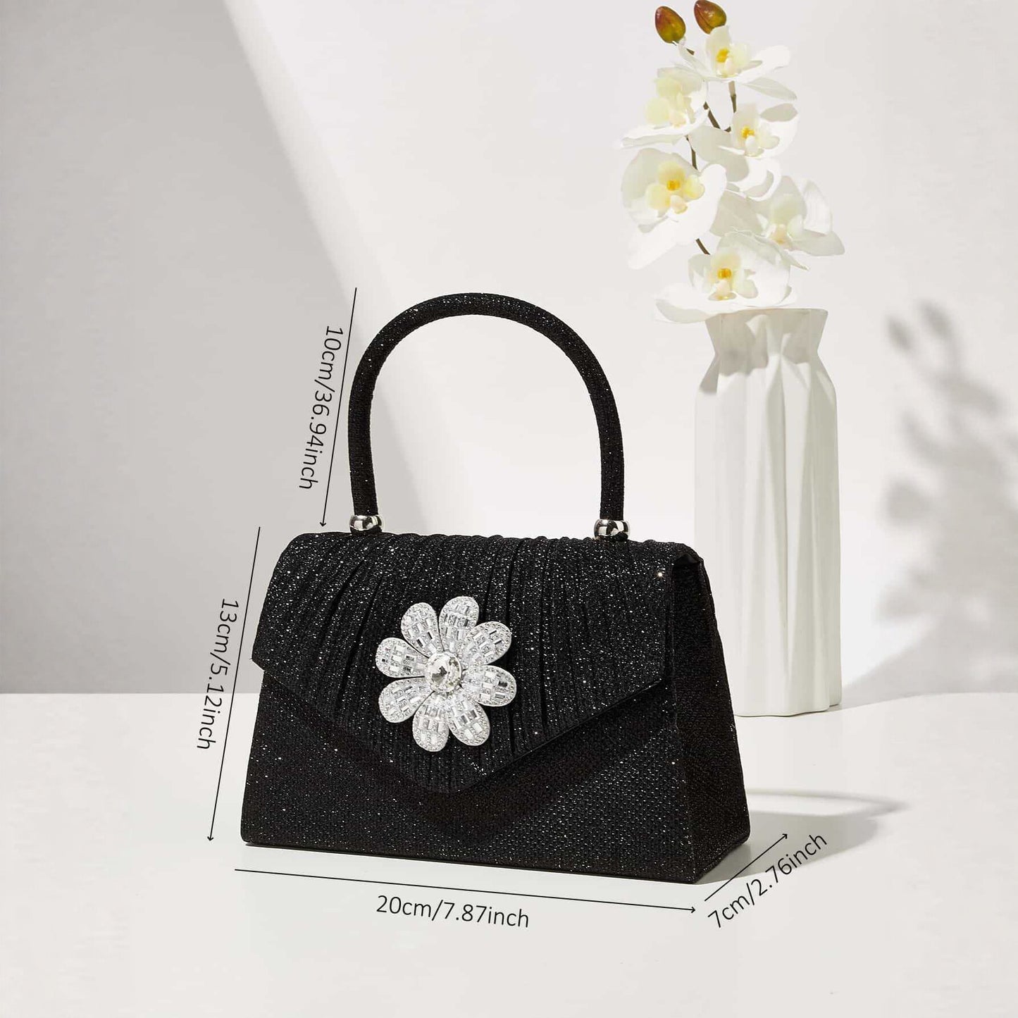 Black Rhinestone Floral Evening Clutch for Women, New Pleated Top Handle Bag, Premium Chanel-Style Formal Gown Purse for Ladies