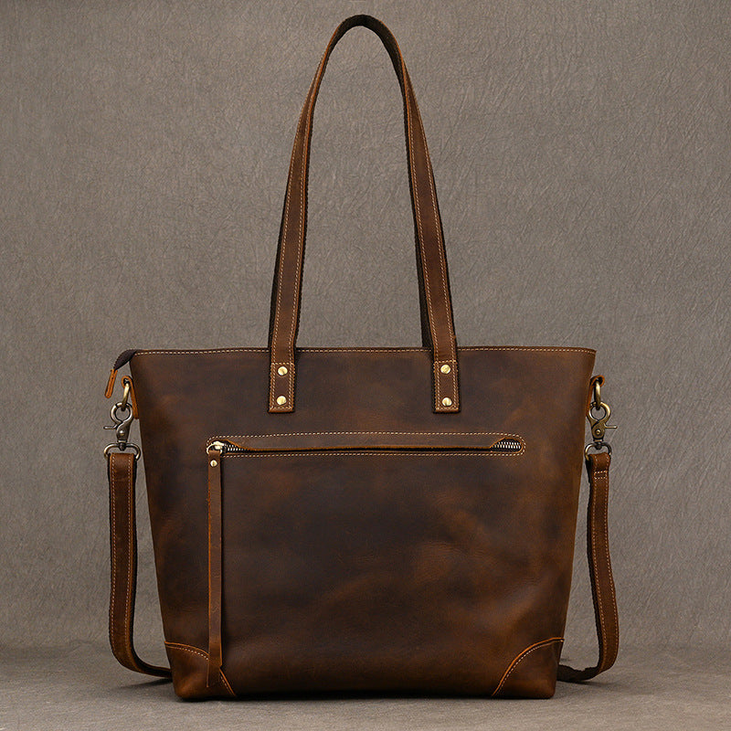 Genuine Crazy Horse Cowhide Tote Bag for Men and Women, Large Capacity Vintage Commute Shoulder Crossbody Top Handle Handbag, Versatile Unisex Purse for Ladies and Gentlemen