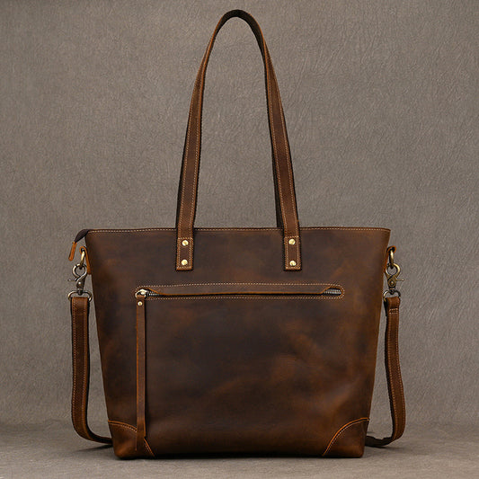 Genuine Crazy Horse Cowhide Tote Bag for Men and Women, Large Capacity Vintage Commute Shoulder Crossbody Top Handle Handbag, Versatile Unisex Purse for Ladies and Gentlemen