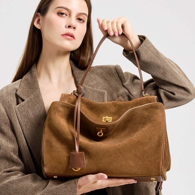 Suede Tote Bag for Women Large Capacity Vintage Shoulder Handbag, Elegant Stylish Purse with Soft Luxurious Texture