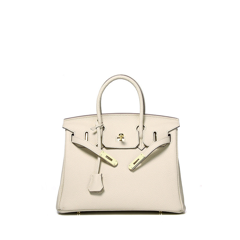 Handcrafted Waxed Thread Birkin-Inspired Tote Bag for Women, Top-Layer Pebbled Cowhide Leather with Elegant Turn-Lock Closure, Premium Everyday Handbag